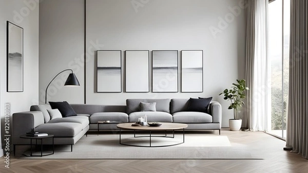 Fototapeta Modern gray sectional sofa with black accents in a minimalist living room featuring artwork and large windows.