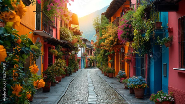 Fototapeta For a relaxing spring trip, happy travelers explore the charming town. Spring flowers bloom along the streets, capturing the essence of tranquility and beauty in this rejuvenating season.
