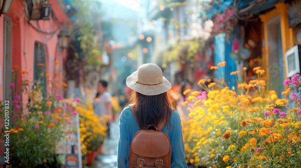 Fototapeta For a relaxing spring trip, happy travelers explore the charming town. Spring flowers bloom along the streets, capturing the essence of tranquility and beauty in this rejuvenating season.