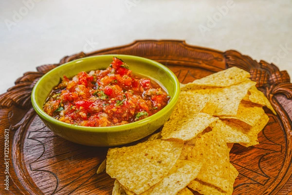 Fototapeta Salsa made with organic tomatoes, onion and basil in a green vintage bowl and served with organic corn chips on an antique wooden tray.