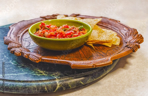 Fototapeta Fresh organic salsa in a vintage bowl and corn chips on an antique wooden plate on a marble tray.