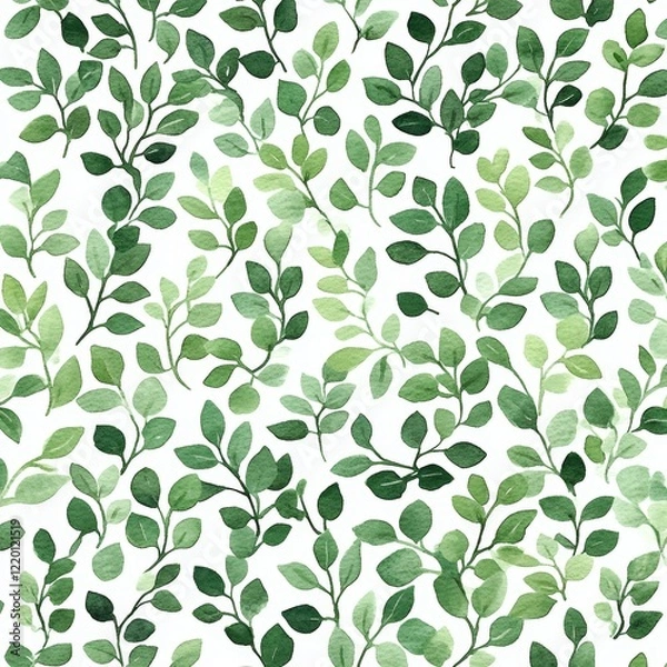 Fototapeta A green leafy pattern is painted on a white background