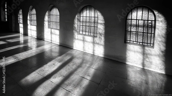 Fototapeta Elegant shadow geometry on a clean white wall, inspired by window light 