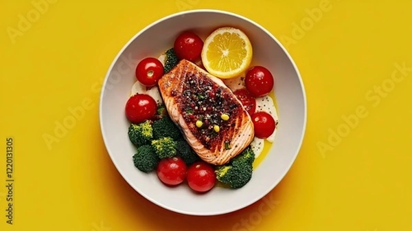 Fototapeta "Farm-to-table concept with salmon, tomatoes, and broccoli, clean and modern layout, vibrant colors --no blur." --chaos 65 --ar 16:9 --stylize 300 --v 6.1 Job ID: 7cfca999-c4cc-409a-aa9a-6e1937c00f7d