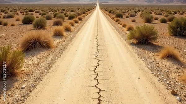Fototapeta A Long, Straight, Cracked Desert Road Extends to a Distant Horizon, Flanked by Sparse, Low-Lying Vegetation Under a Clear Sky