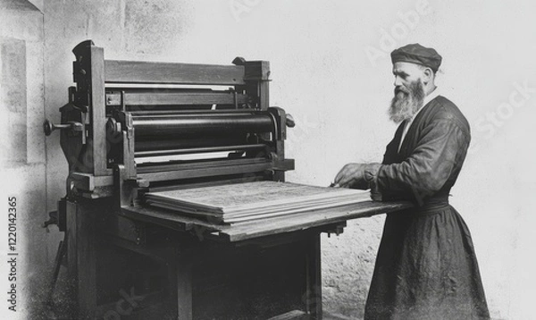 Fototapeta Gutenberg and the Printing Press: A Technological Innovation: A photo of Gutenberg and his printing press, a revolutionary technology that changed the way information was disseminated., Generative AI