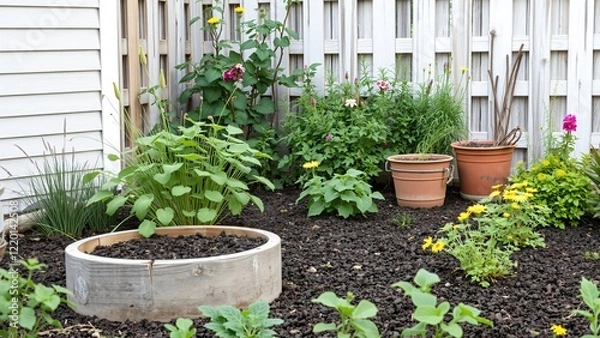 Obraz Serene Backyard Garden Oasis with Planters and Blooming Flowers