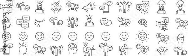 Obraz ベクターでモノクロの感情に関する線画アイコンセット