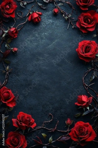 Fototapeta Dark moody background with red roses and thorny vines forming a frame.