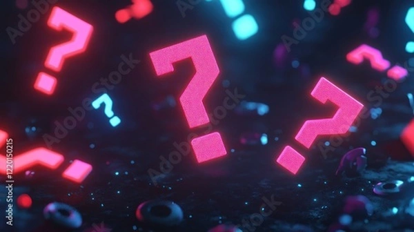 Fototapeta Glowing question marks float, dark background, uncertainty concept, website banner