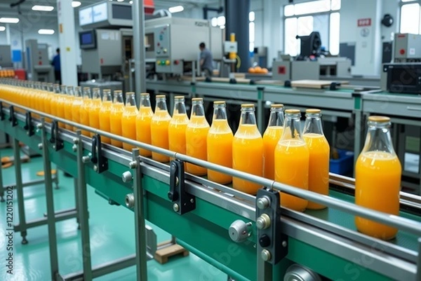 Fototapeta Factory Bottling Line Rows of Orange Juice Bottles on Conveyor Belt