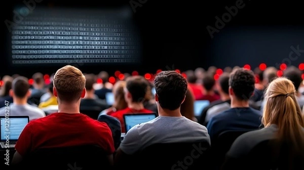 Fototapeta Students attend a coding lecture; screen shows code; dark auditorium