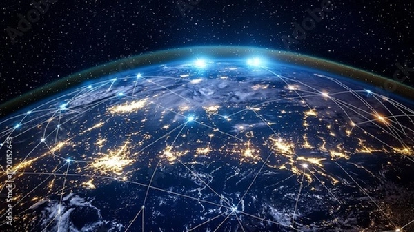 Fototapeta Stunning View of Earth from Space with Digital Network Connections Illuminating Global Cities at Night