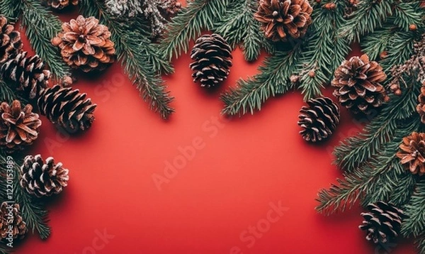 Fototapeta Festive Fir Branches and Pinecones Holiday Border on Vibrant Red Background for Christmas Seasonal Decoration and Messaging Space, Generative AI