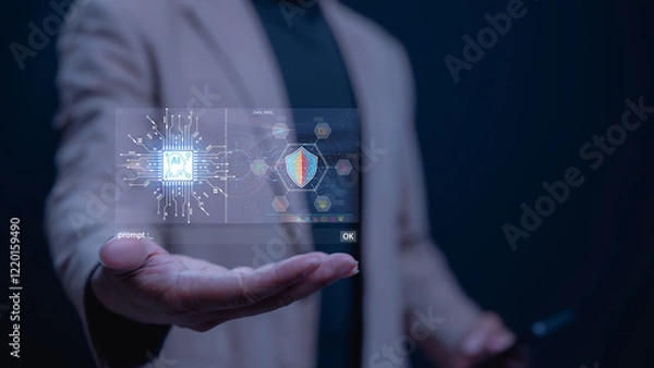 Fototapeta The Future of AI and Cybersecurity, Professional advanced AI technology and cybersecurity innovations through holographic display, emphasizing digital protection in modern world