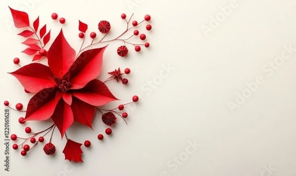 Fototapeta Elegant Paper Cut Red Poinsettia Flower and Berries on Light Background, Holiday Origami Art for Winter Festive Decoration, Christmas Themed Graphic Design Element, Minimalist Floral Composition