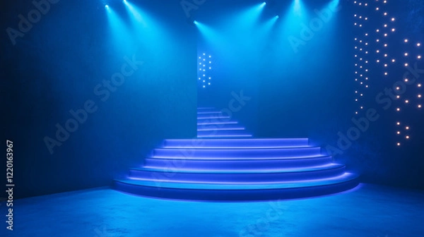 Obraz Illuminated Blue Stage with Circular Steps and Spotlights