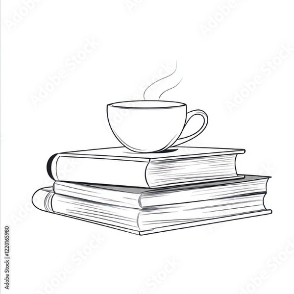 Fototapeta A steaming cup of tea rests atop a stack of books