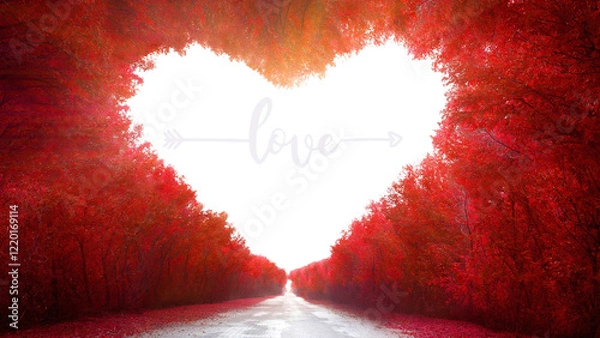 Fototapeta Romantic Heart-Shaped Tunnel with Red Foliage and Love Typography