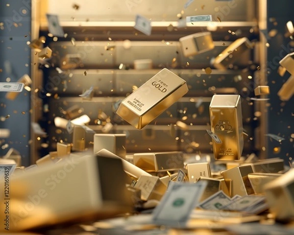 Fototapeta A vault filled with falling gold bars and scattered cash, symbolizing wealth and prosperity in a dramatic scene.