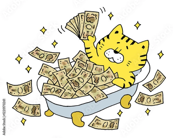 Obraz 札束風呂に入る虎猫