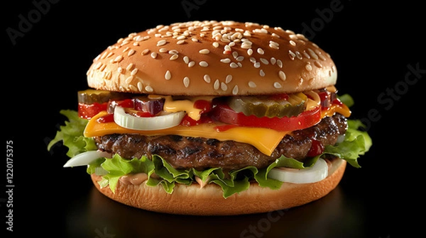 Fototapeta A juicy cheeseburger with melted cheese, crisp lettuce, tomatoes, and onions served on a toasted sesame bun