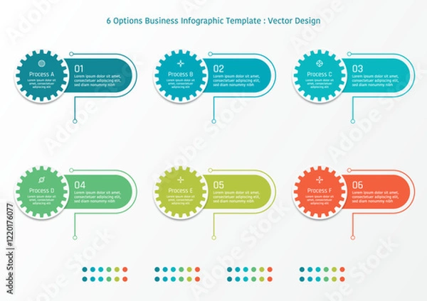 Fototapeta 6 options business infographic template, gear in circle frame with capsule shape, also with line and symbols