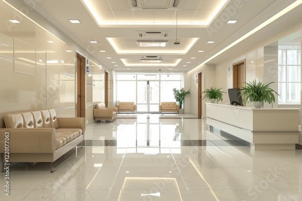Fototapeta The interior of the reception of a modern office or medical center, an empty bright corridor. 