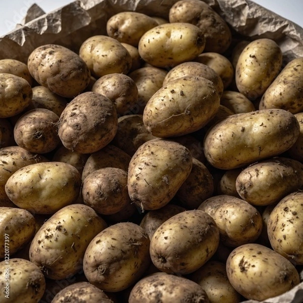 Fototapeta A pile of freshly harvested potatoes, some with dirt still clinging, on a white surface.