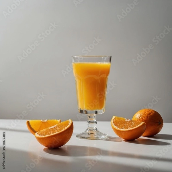 Fototapeta A freshly brewed glass of orange juice with two sliced oranges beside it, set on a white background.