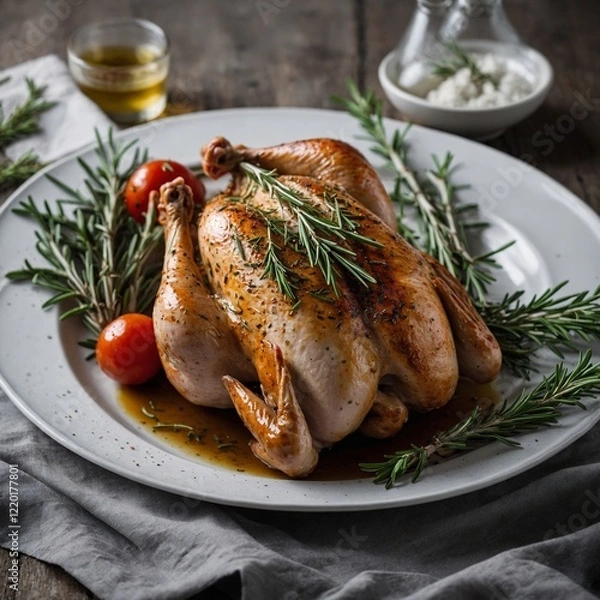 Fototapeta A whole raw chicken prepared with fresh rosemary and thyme, placed on a white platter.