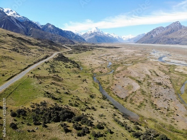 Obraz ニュージーランドの世界遺産「マウント・クック山」の空撮