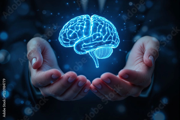 Fototapeta A glowing blue brain hologram supported by human hands on a dark blurred background. Depicts advanced technology and innovation concepts. Ai generative