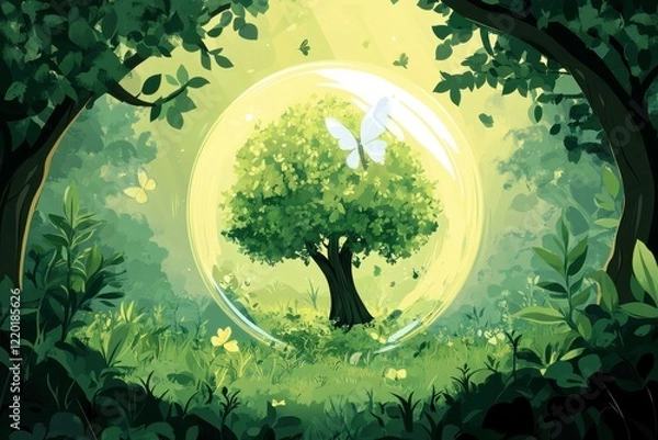 Obraz Enchanted Tree Surrounded by Ethereal Light in a Lush Green Forest with Butterflies and a Serene Atmosphere of Nature's Beauty