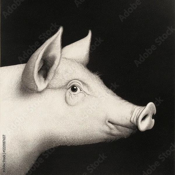 Obraz Black and white detailed engraving of the profile view of a pig's head, with high contrast.