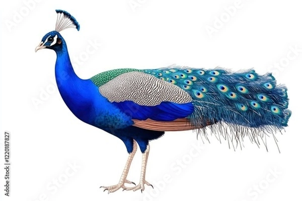 Fototapeta A blue and brown peacock with a large head and long tail feathers