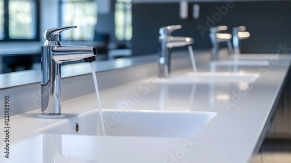 Obraz A sleek, modern sink with chrome faucets pouring water into a white basin, set against a minimalist background of large windows.