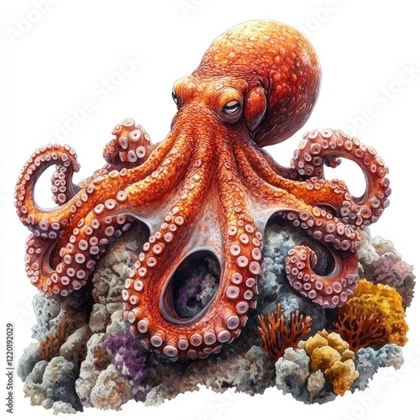 Obraz Vibrant orange octopus perched on a coral reef, showcasing marine life in a colorful underwater ecosystem