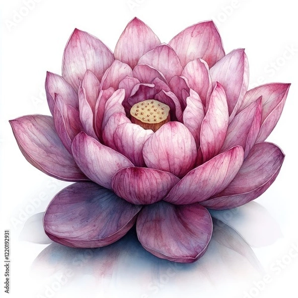 Obraz A beautifully detailed pink lotus flower with soft petals reflecting on a serene surface, symbolizing tranquility