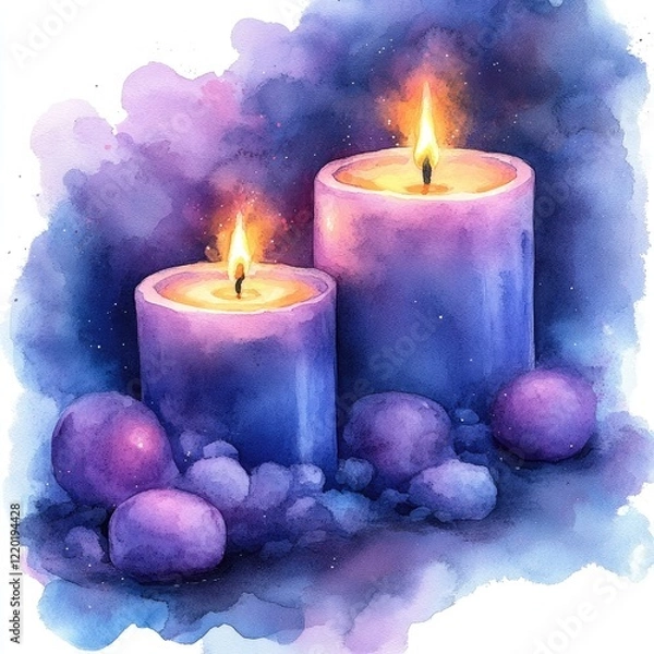 Obraz Two lit purple candles surrounded by smooth pebbles and soft clouds of color in a serene setting