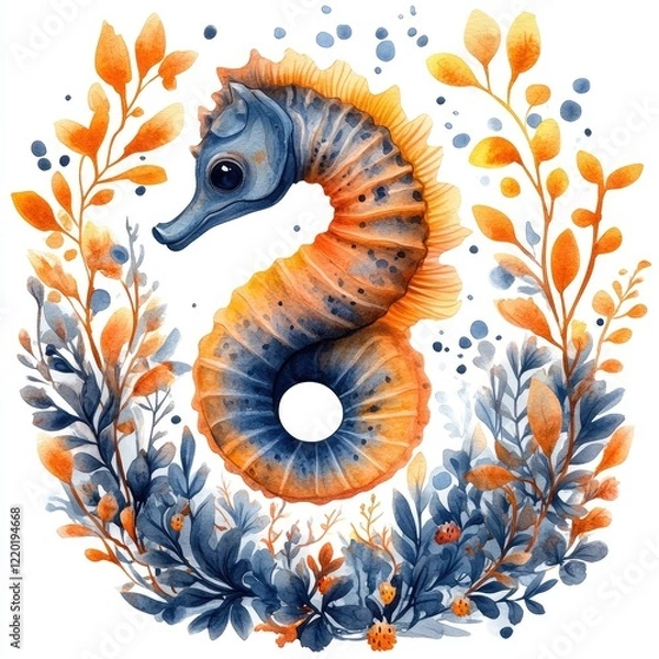 Obraz A vibrant watercolor illustration of a seahorse surrounded by colorful foliage and floral elements