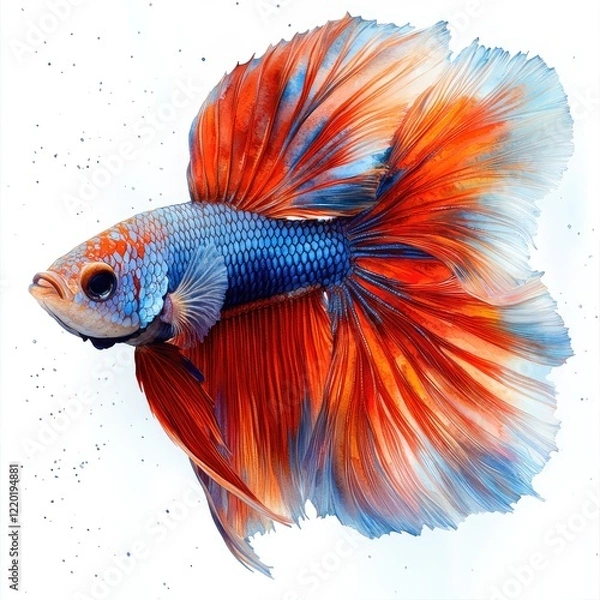 Obraz Vibrant Betta Fish with Flowing Fins Swimming Gracefully Against a White Background