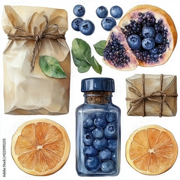 Obraz A vibrant arrangement of blueberries, oranges, and packaged fruit products set against a clean background
