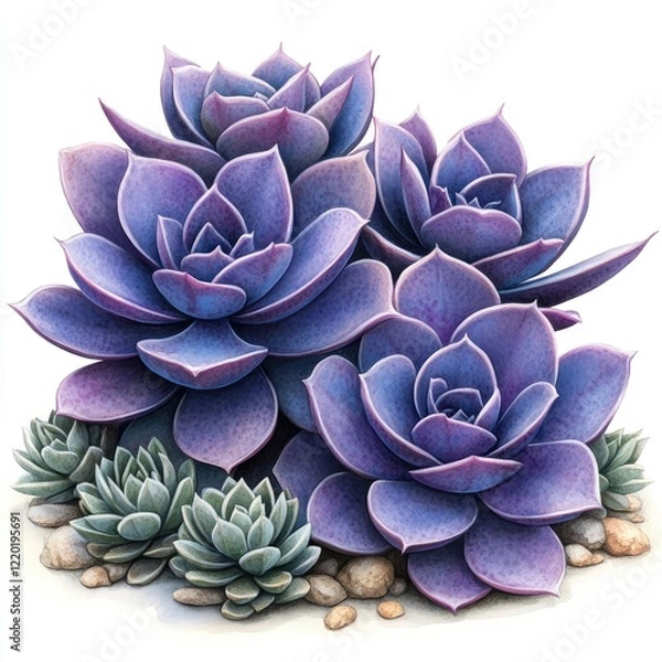 Obraz Vibrant arrangement of purple succulents with green accents and pebbles, set against a clean white background