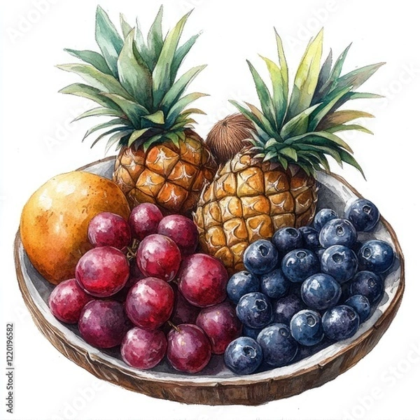 Obraz A vibrant still life of assorted fruits including pineapples, grapes, and blueberries in a wooden bowl