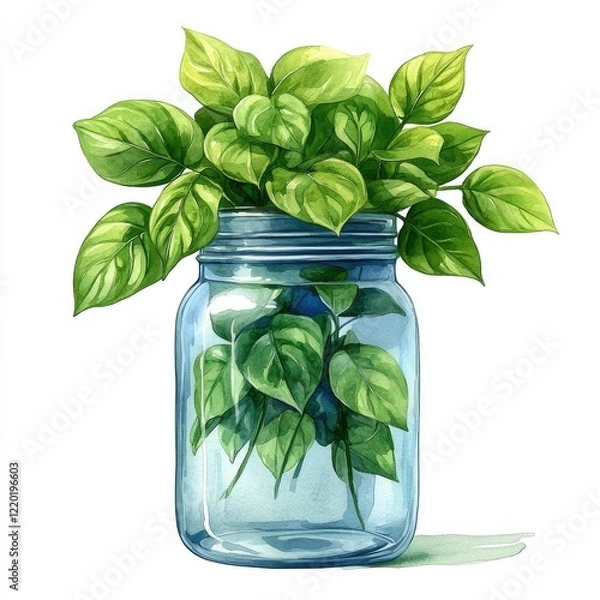 Obraz Lush green leaves thriving in a clear glass jar, showcasing vibrant foliage against a clean background