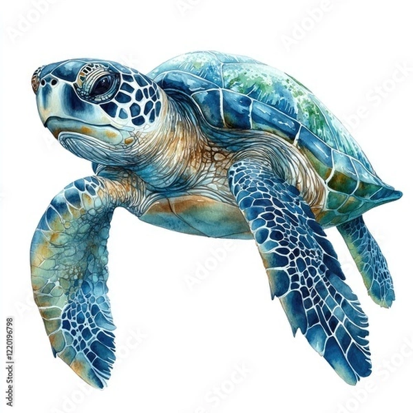 Obraz Vibrant underwater scene featuring a graceful sea turtle swimming through clear blue waters with coral