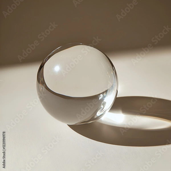 Fototapeta Crystal Sphere Reflection: A captivating image of a clear glass sphere resting on a neutral background, casting a dramatic shadow and reflecting light beautifully.