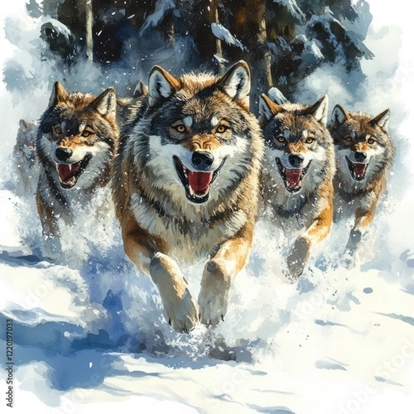 Obraz A pack of wolves running through a snowy forest, showcasing their strength and agility in winter