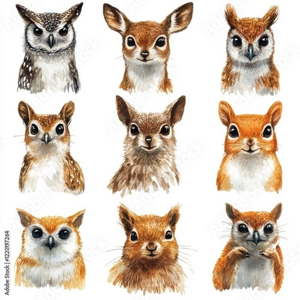 Obraz A vibrant collection of hand-painted animal portraits showcasing owls, deer, and squirrels in detail
